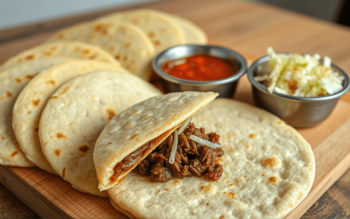 Pupusas rellenas de birria, una abierta para mostrar el relleno, con curtido
